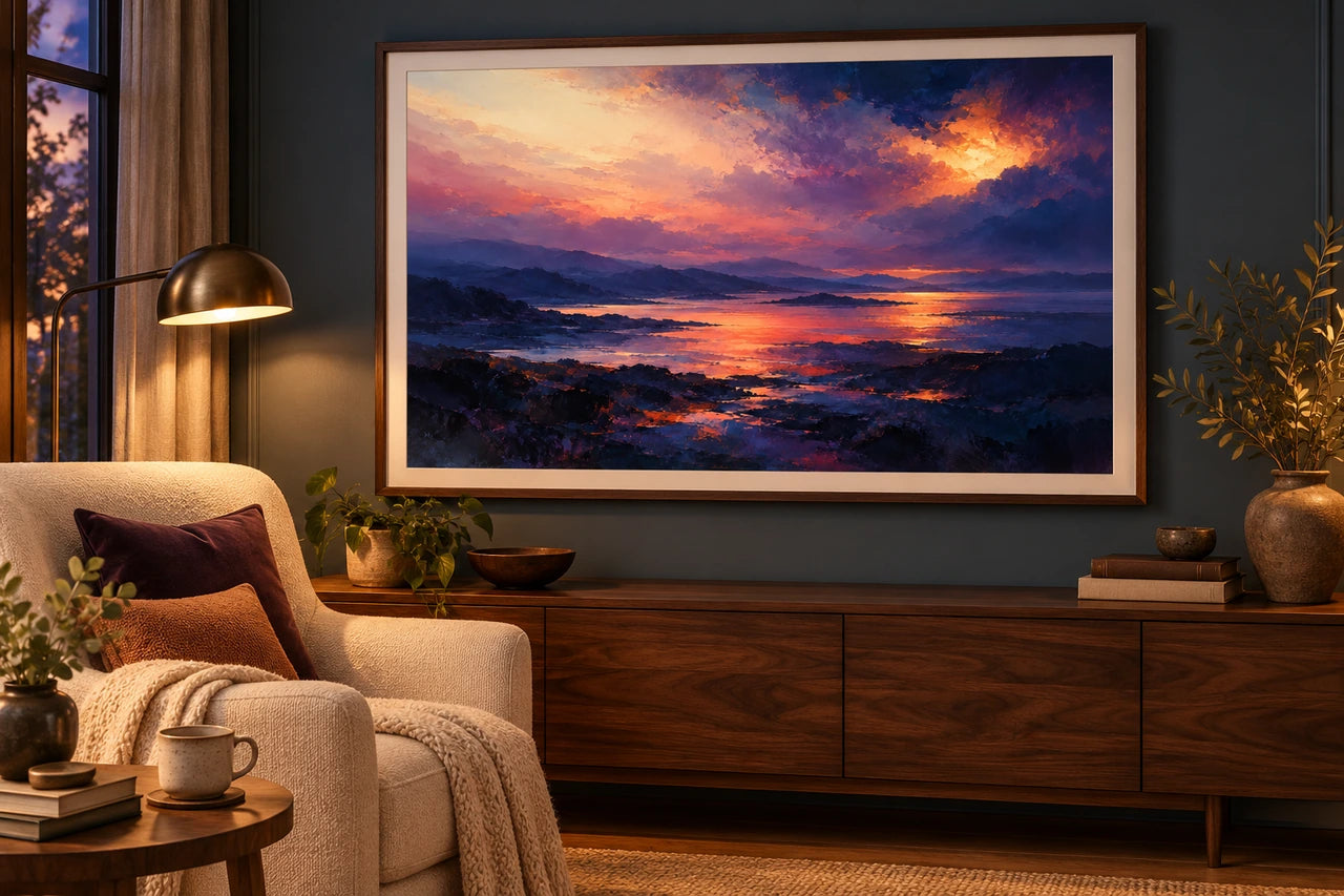 Imagined evening reading room with the indigo and amber artwork in a walnut frame above warm furniture.