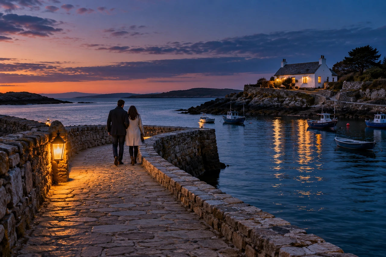 Fictional couple walking along a harbour path at dusk, with a warm lantern and a lit cottage across the water.