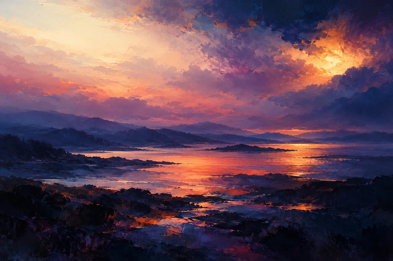 Original atmospheric indigo, plum and amber landscape-like artwork with reflected warm light.