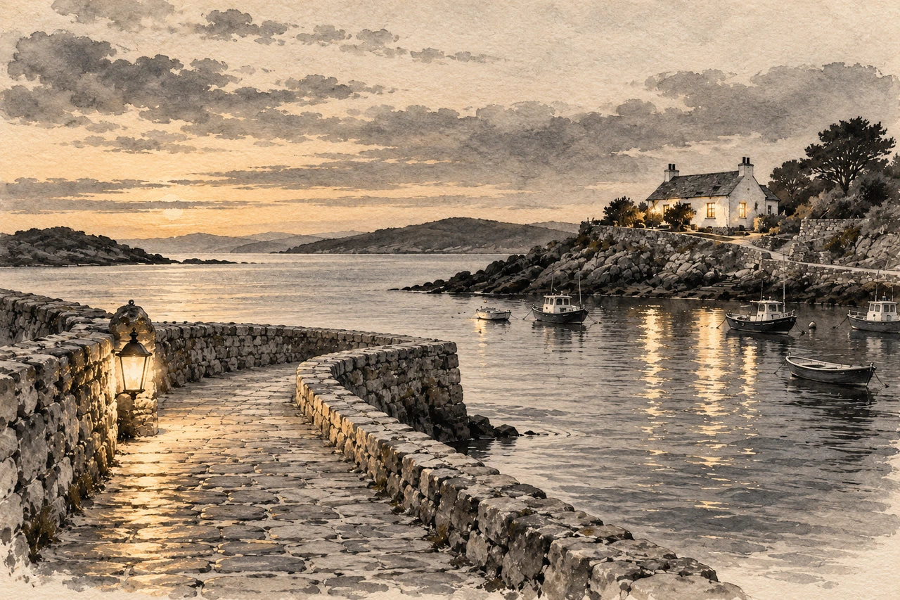Quiet ink-and-wash harbour path, lantern and cottage, with the fictional figures deliberately removed.