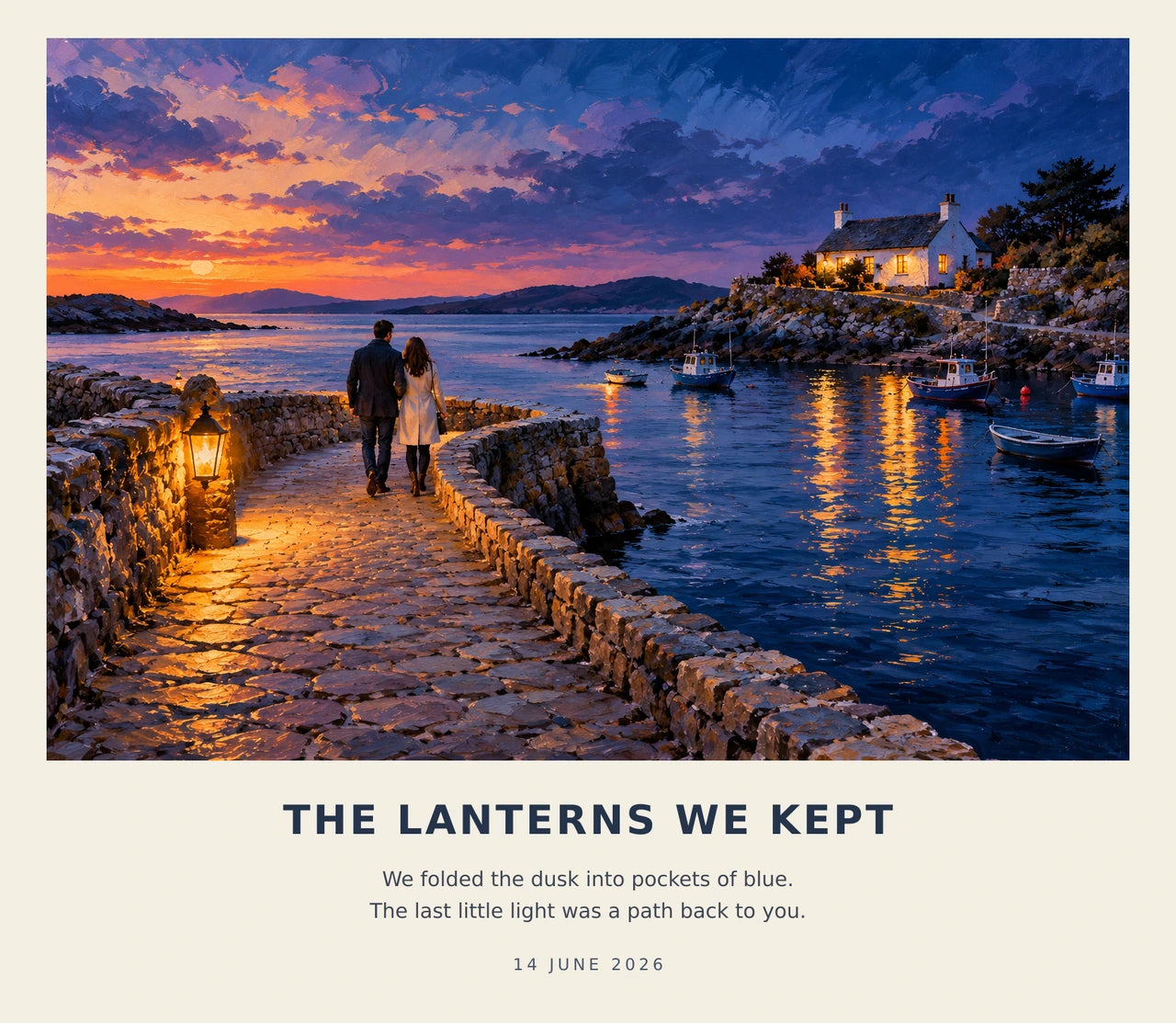 Complete harbour artwork with the original fictional title THE LANTERNS WE KEPT, two original lines and the fictional date 14 JUNE 2026.