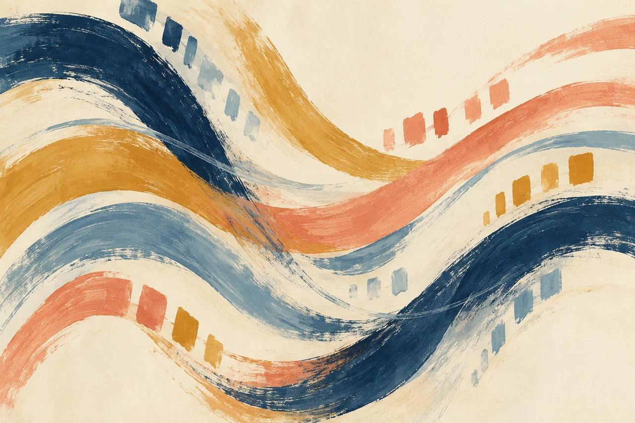Original abstract painted ribbons and offset small marks in indigo, coral, ochre and dusty blue on ivory.