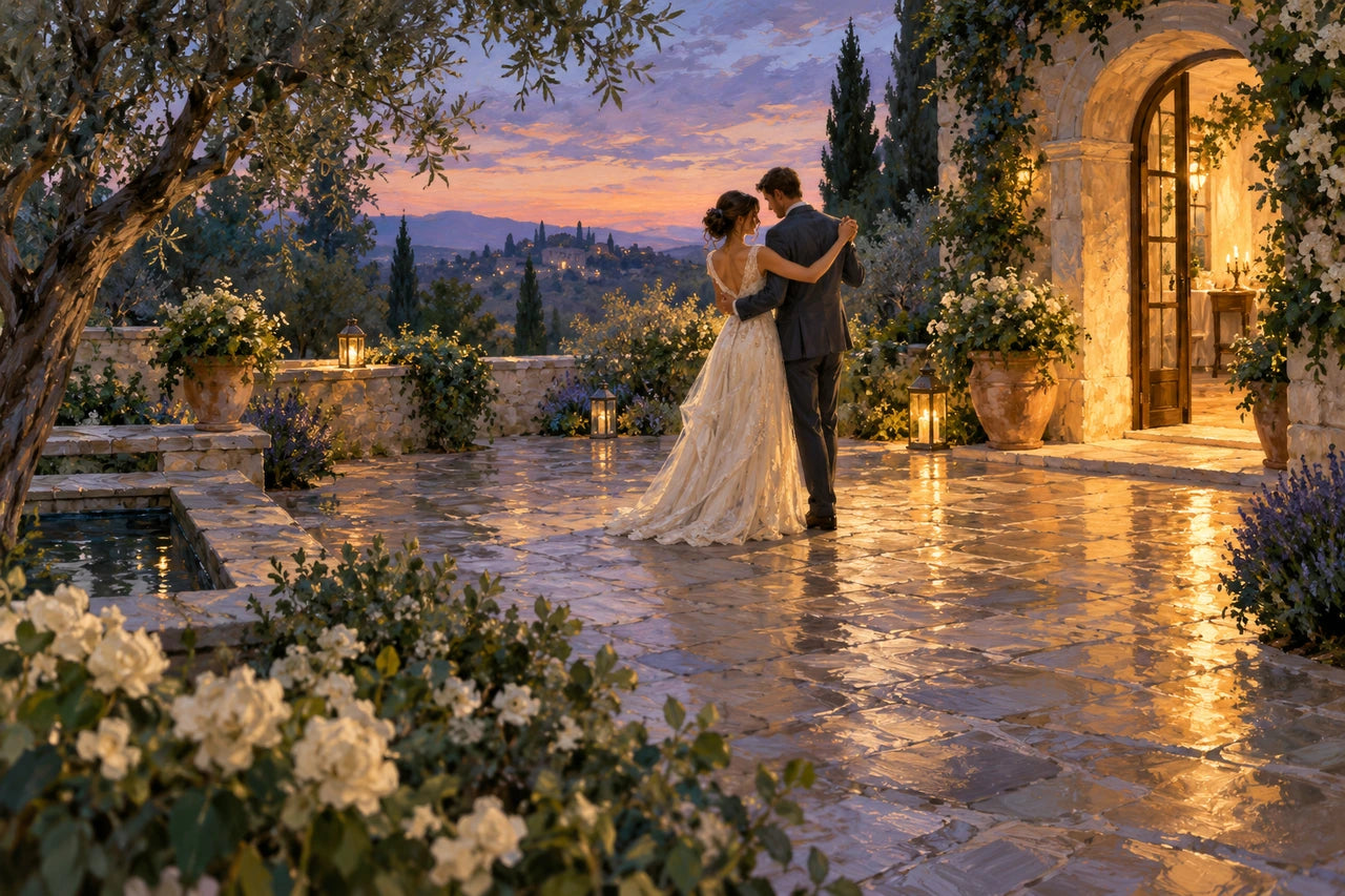 Imagined painted first dance in a garden courtyard, with warm light from an arched doorway and soft twilight.