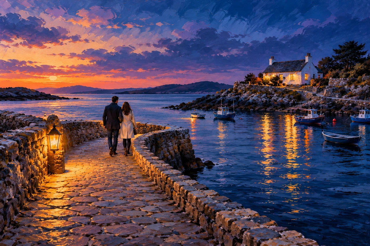 Painted harbour scene with a couple on a curving path, warm lantern, deep blue water and a lit cottage.