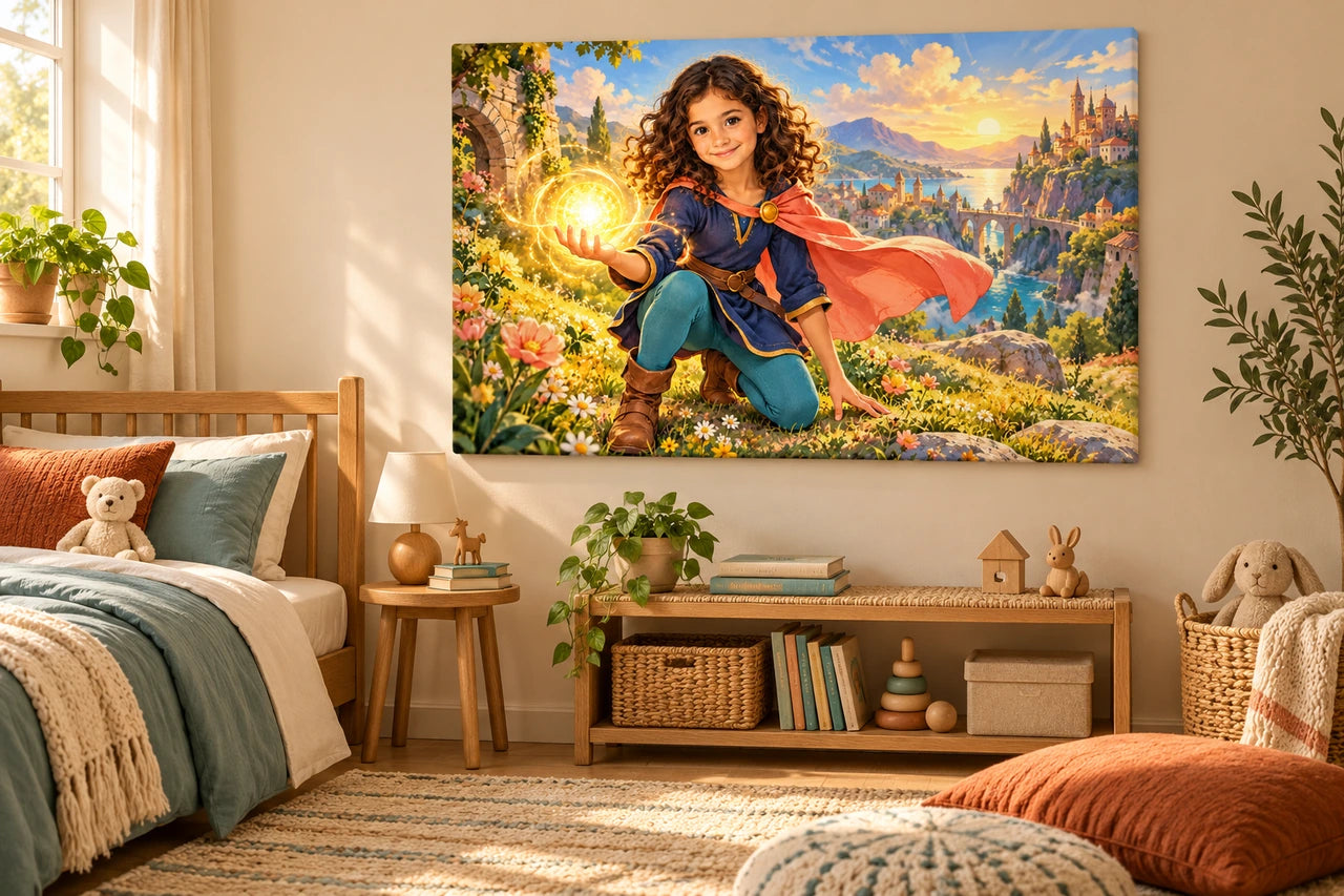 Invented warm ivory and oak child's bedroom with the light-guardian illustration on a large canvas above a reading bench.