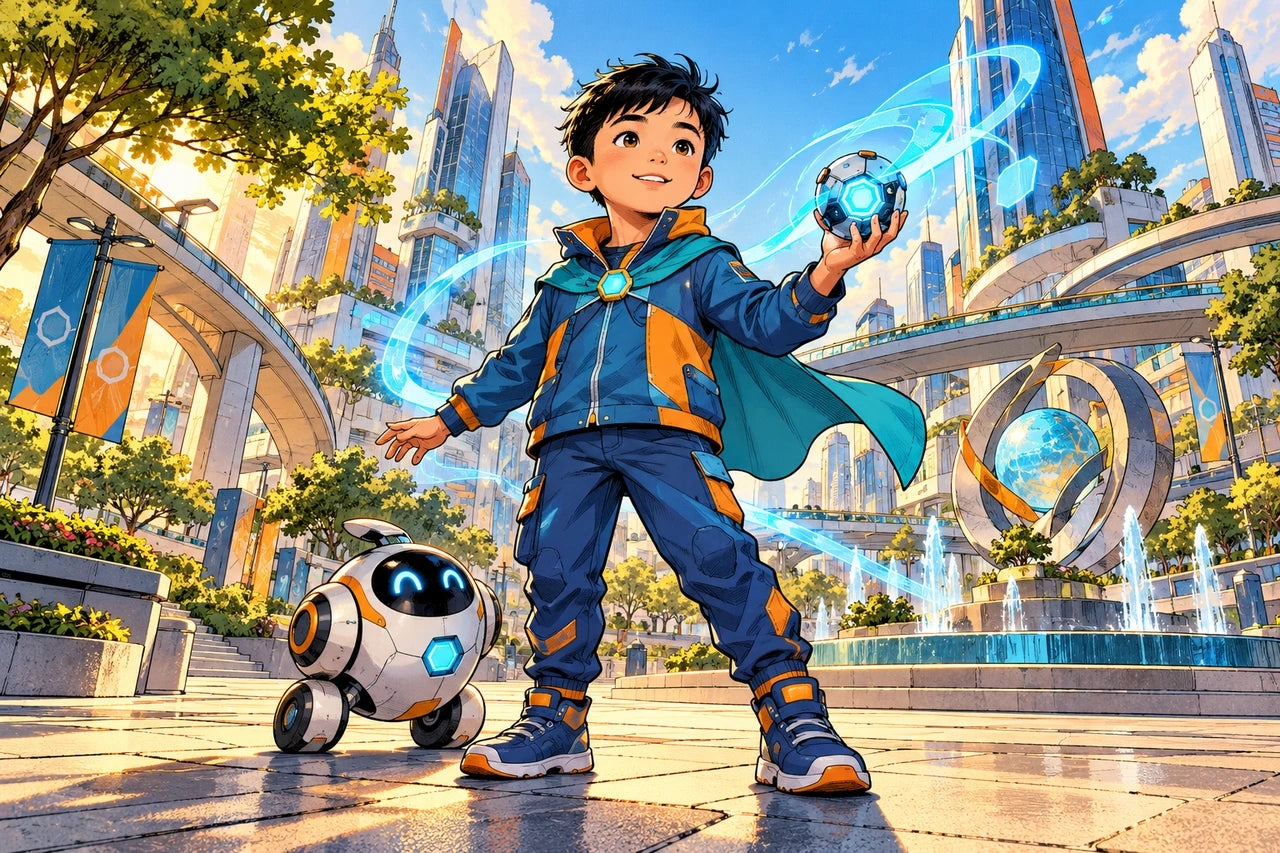 Fictional boy in cobalt and orange adventure clothing with a teal cape and friendly robot, standing in a bright invented city.