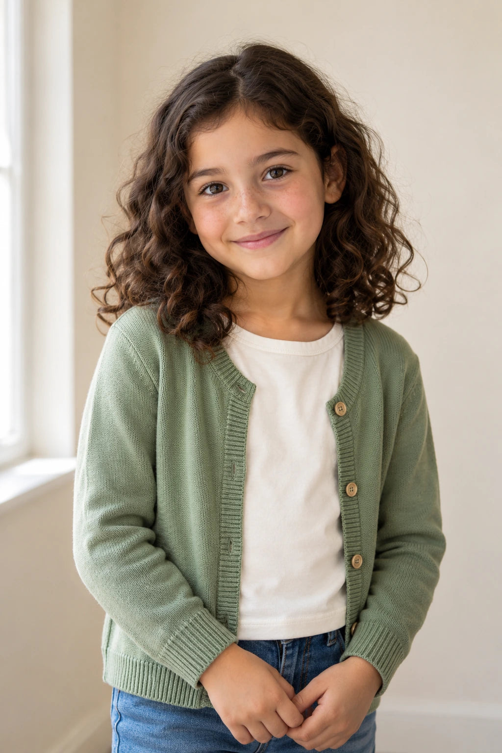 A fictional eight-year-old child with dark curls and freckles wearing a sage cardigan in soft window light.