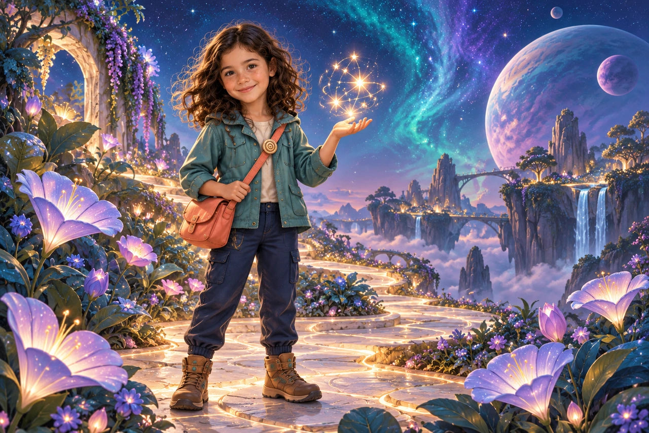 A fictional child in an original teal adventure outfit holding a cluster of lights in an imagined cosmic garden.
