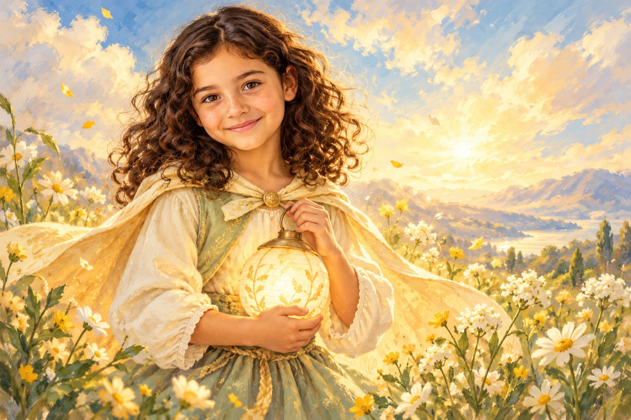 A fictional child with dark curls holding a glowing lantern in a warm painted meadow.
