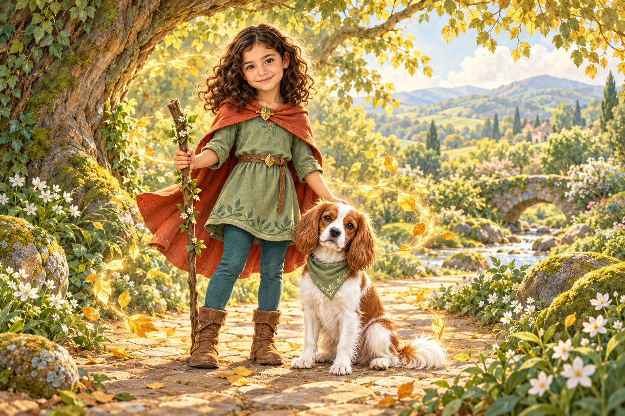 Original illustrated child nature hero in a sage tunic and rust cape, with a chestnut-and-white dog on a sunlit woodland path.