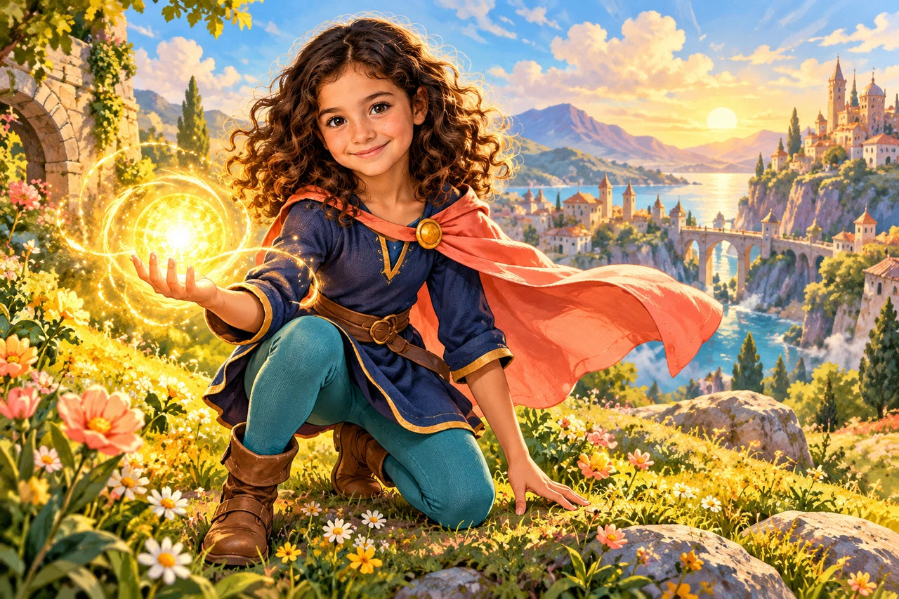 A fictional child in an original navy, teal and coral hero outfit kneeling in a fantasy meadow with a glowing light orb.