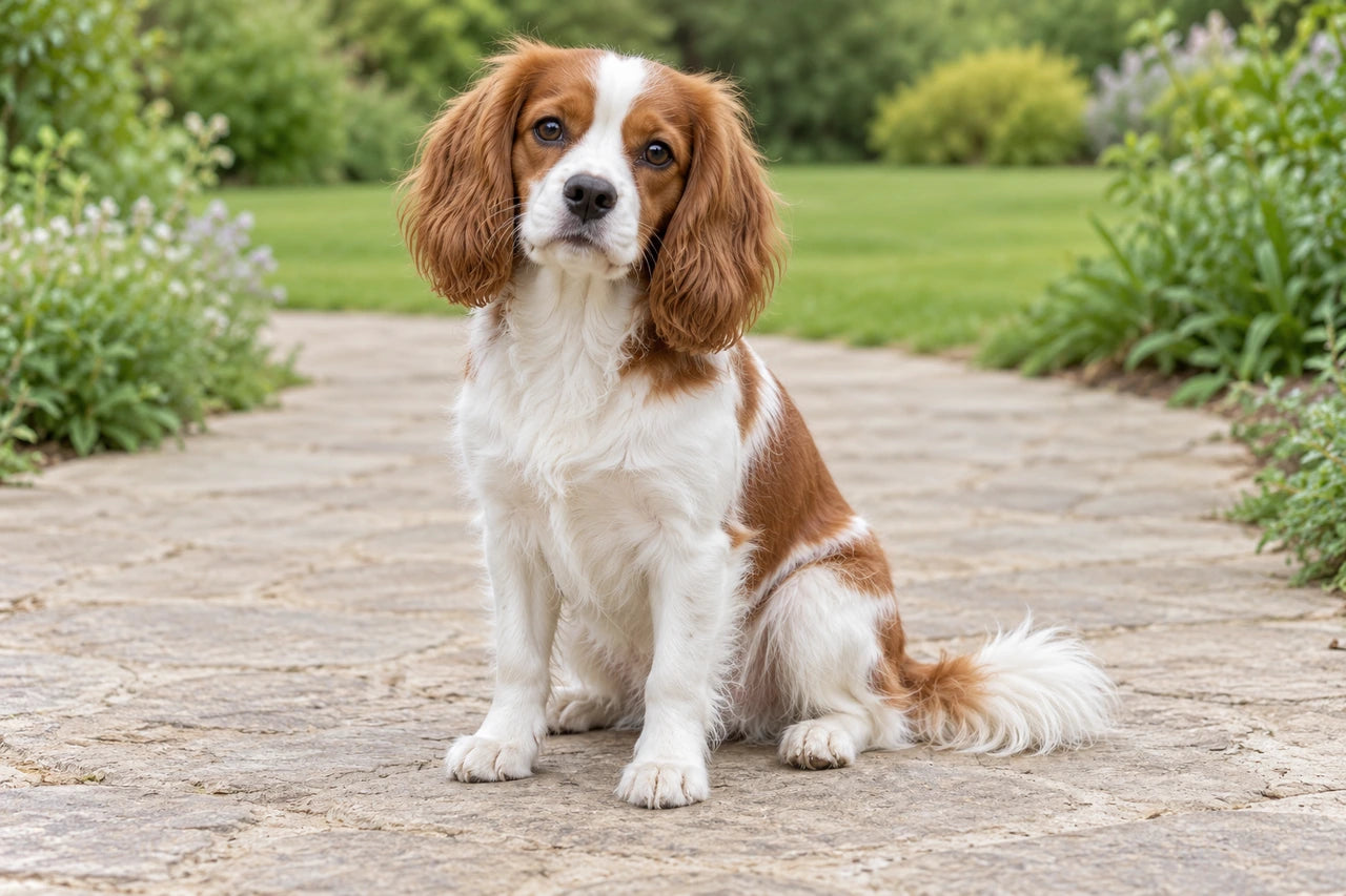 Fictional chestnut-and-white spaniel-like dog sitting on a garden path with its ears, paws and tail visible.