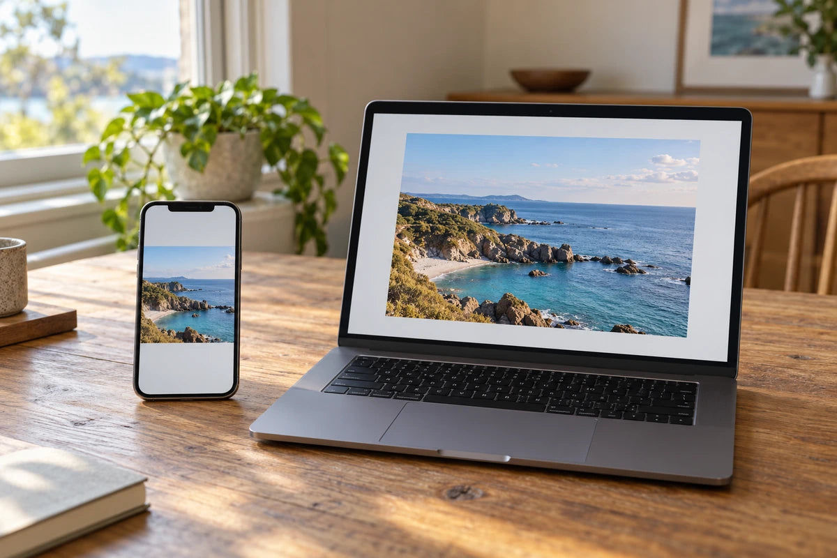 Editorial illustration of a phone and laptop showing a coastal photograph on a wooden desk