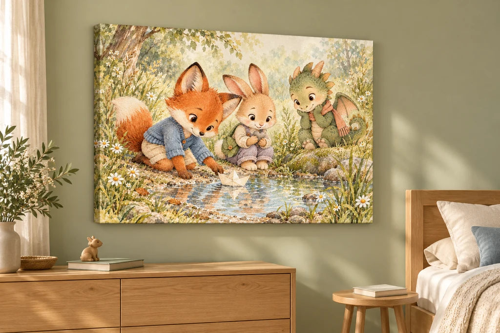 AI-created children’s room with the fox, rabbit and dragon stream scene displayed as one landscape canvas.