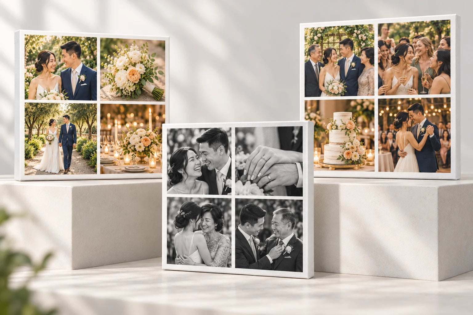Illustration of three separate wedding collage canvases, each containing four photographs.
