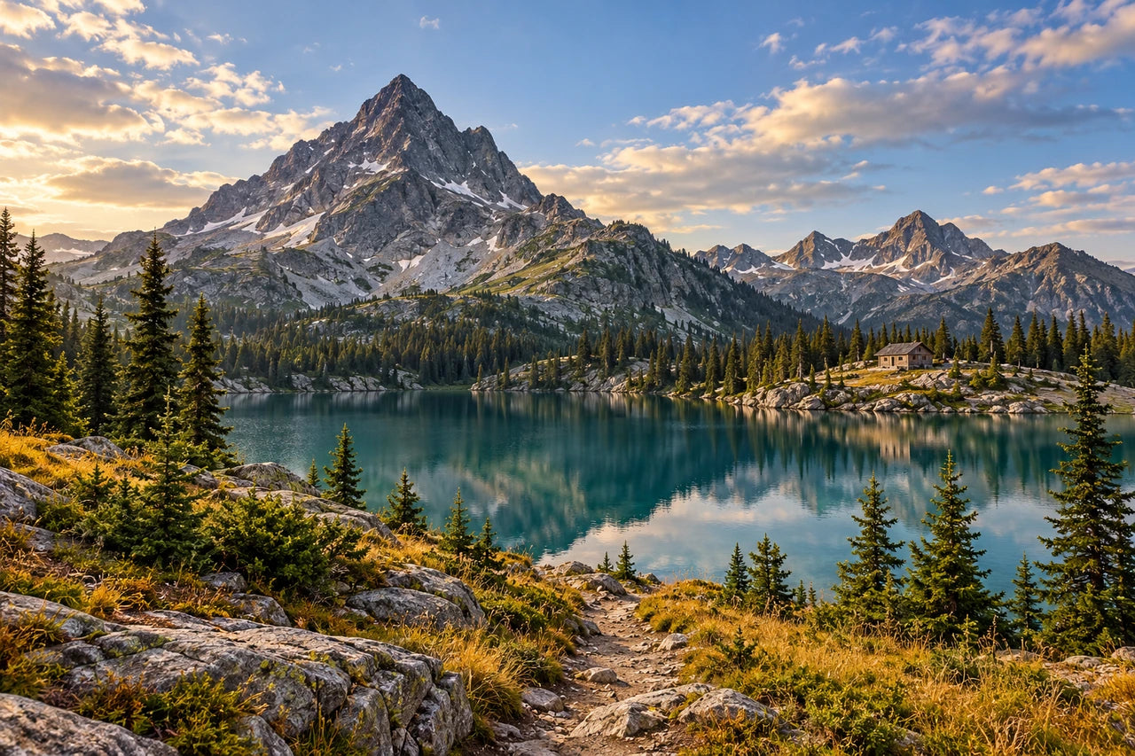 Fictional alpine lake with a distinctive peak, foreground path and small cabin by the far shore.