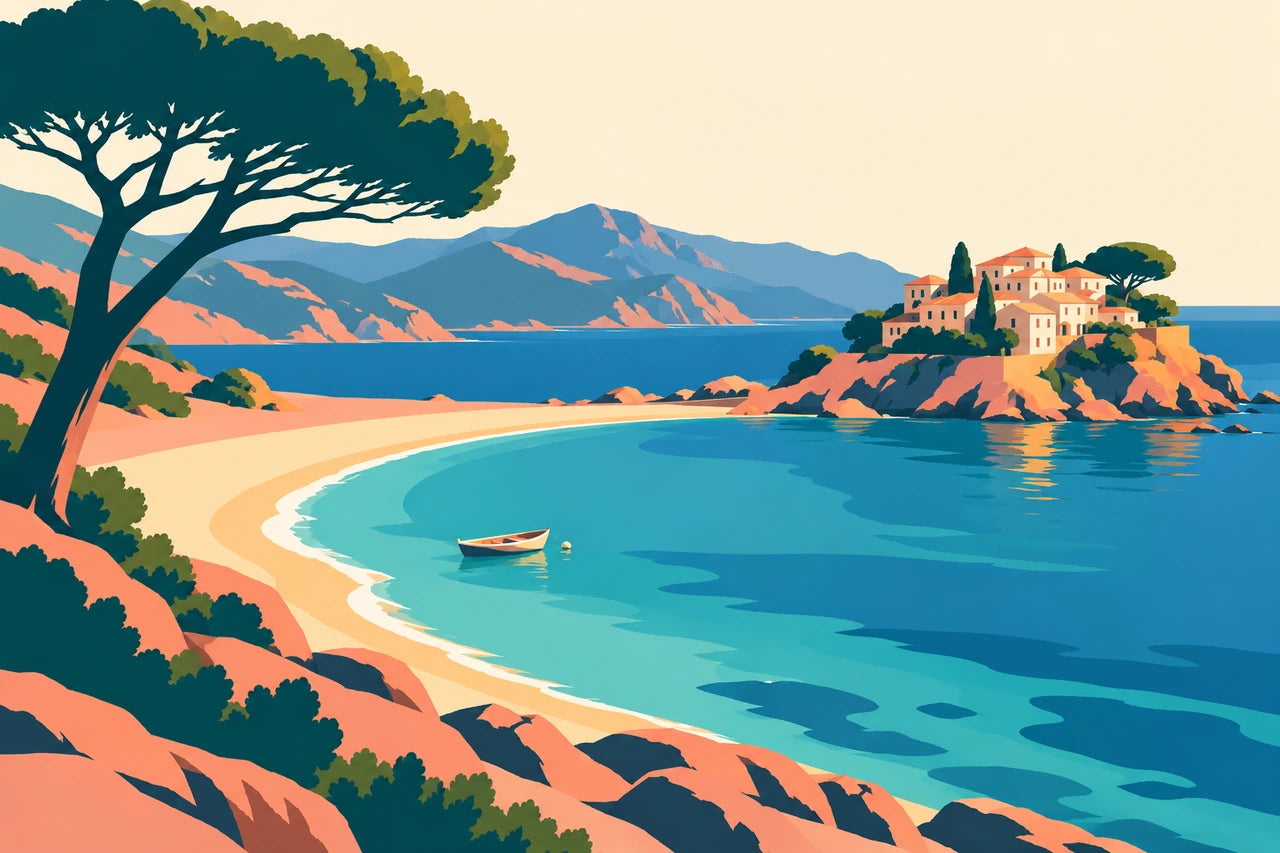 Graphic coastal artwork with a dark teal pine, coral land, ivory beach and blue water.