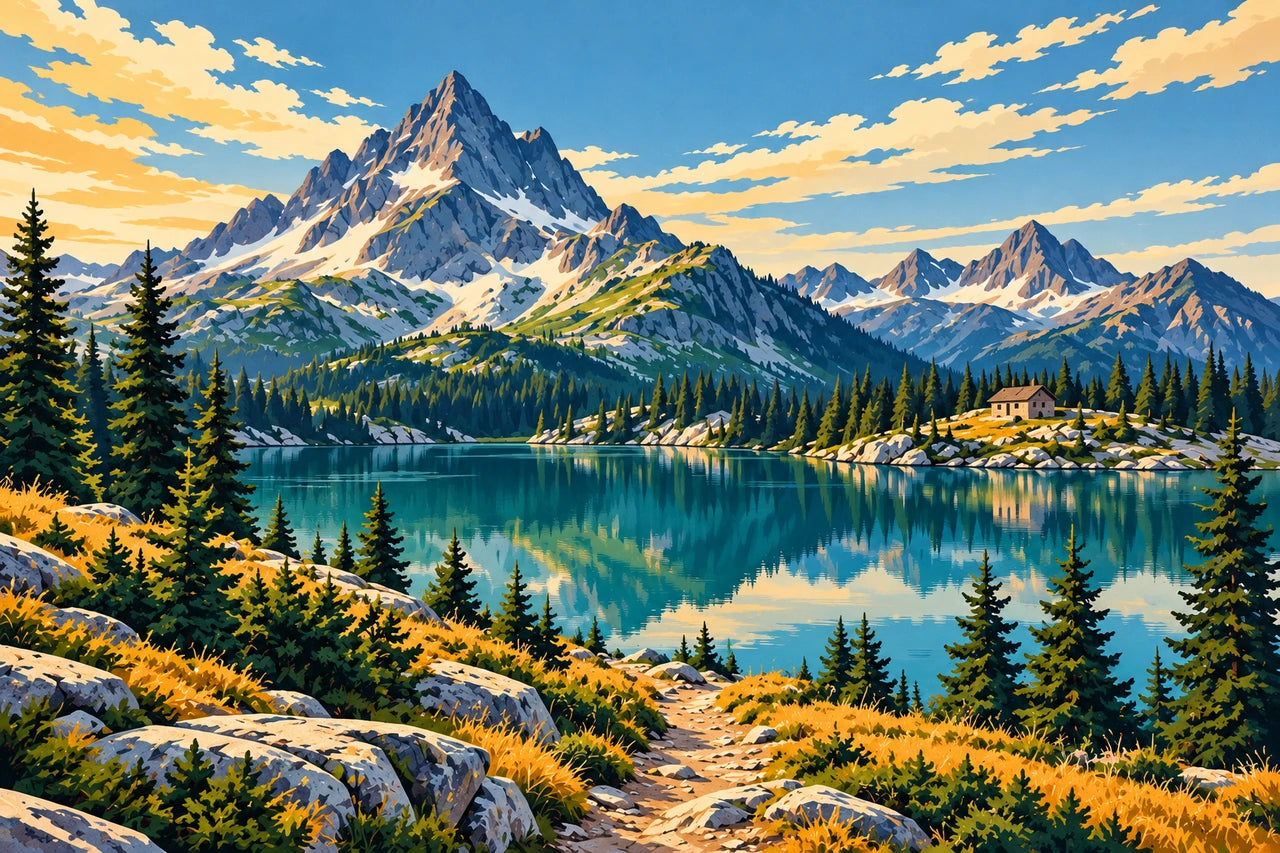 Original alpine poster-style artwork with a strong peak, teal lake, pines and a small cabin.