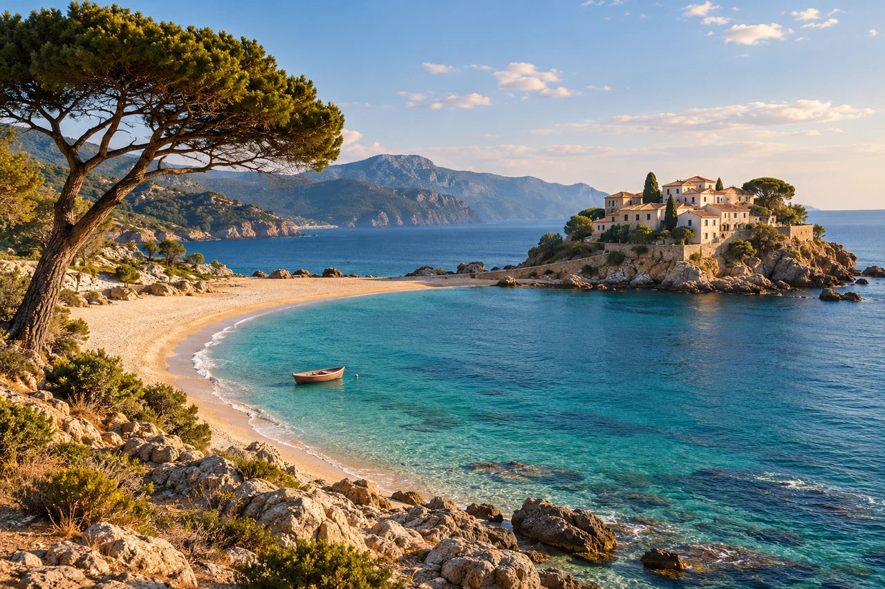 Fictional coastal bay with a pine on the left, curving beach, small boat and pale buildings on a right-hand promontory.