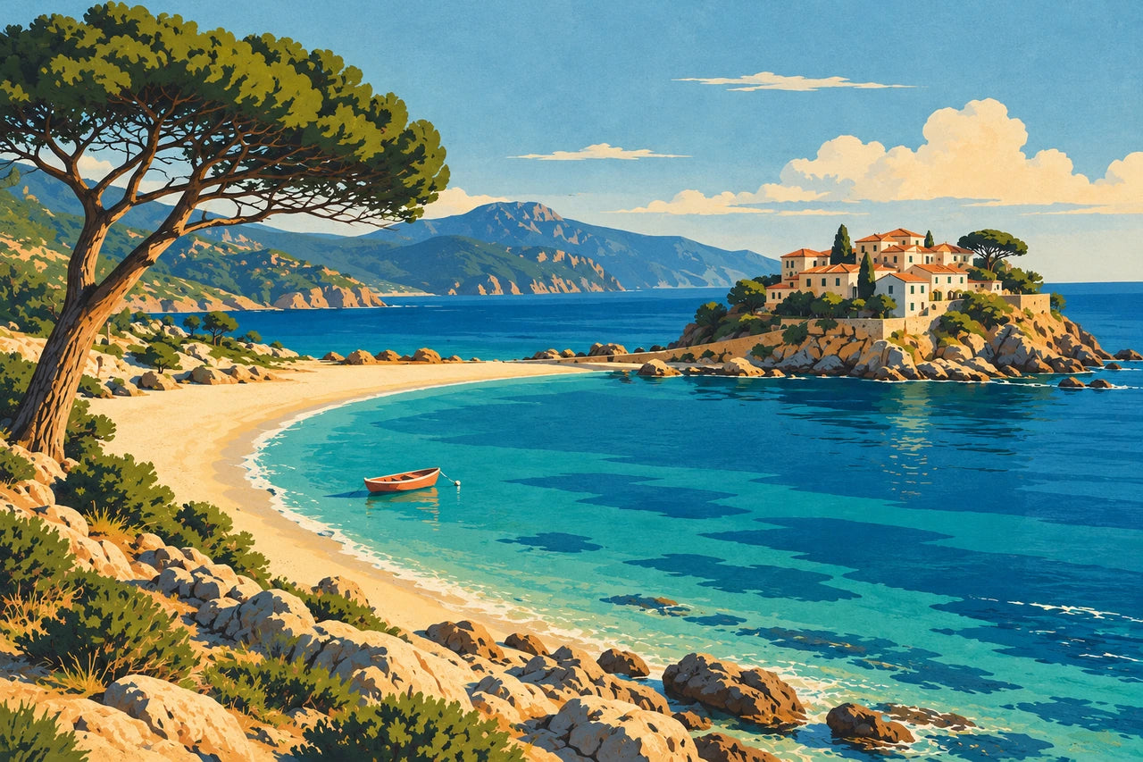 Vintage-inspired coastal artwork with a pine, curving ivory beach, teal bay and warm-toned buildings.