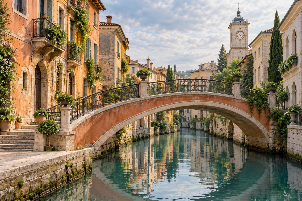 Fictional canal city with a terracotta arched bridge, warm buildings and a clock tower.