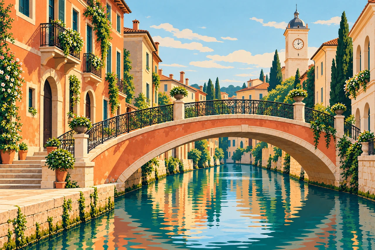 Graphic city artwork with an arched bridge, warm coral buildings and a teal canal.