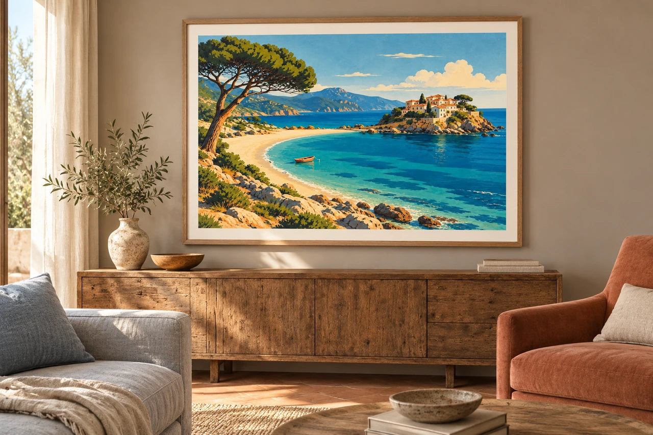 Imagined warm living room with the complete coastal artwork in an oak frame above a timber sideboard.