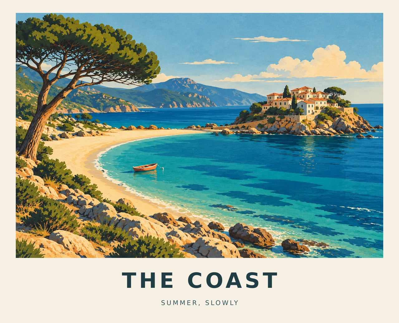 Complete coastal artwork with the exact separate title THE COAST and caption SUMMER, SLOWLY on a warm ivory poster layout.