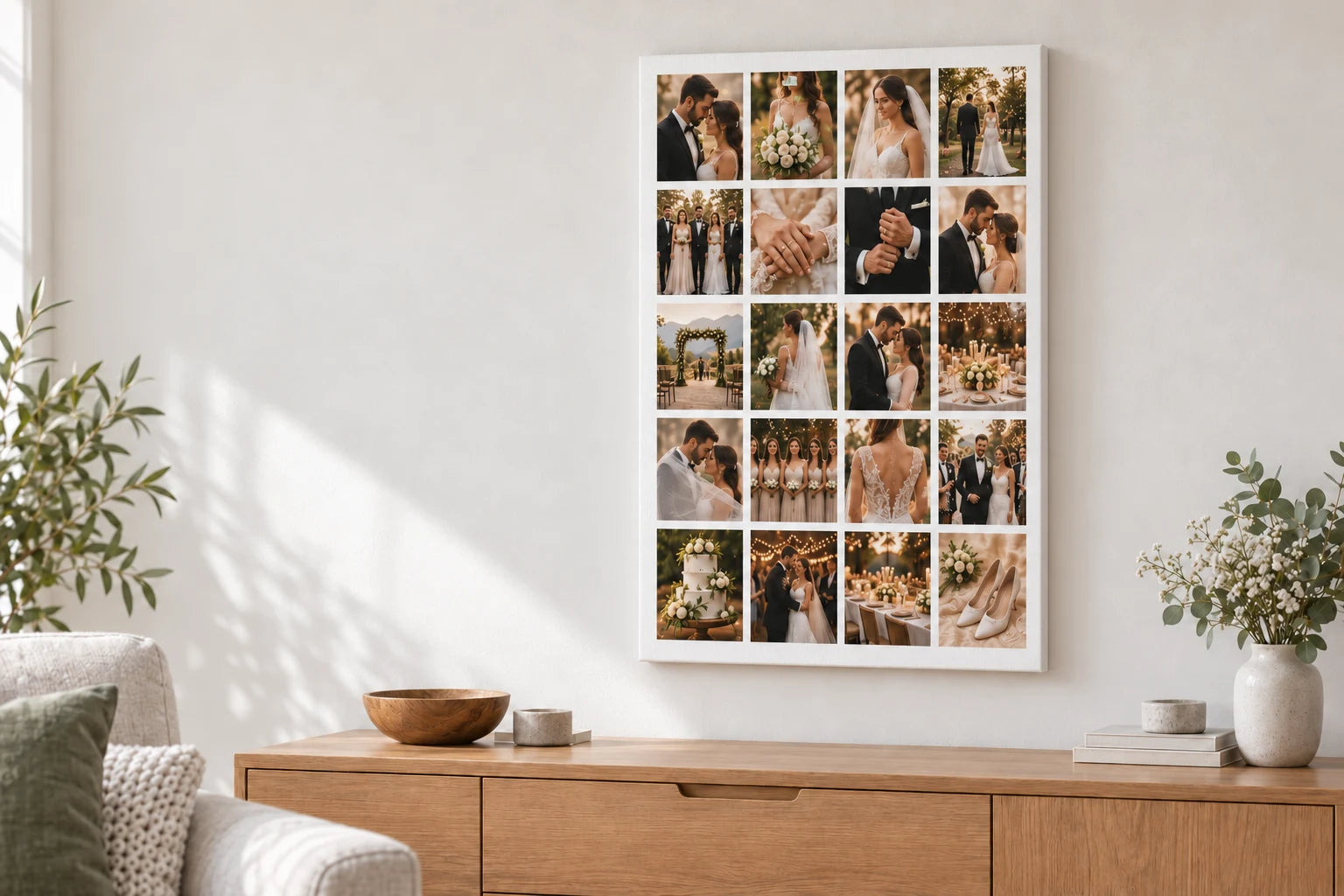 Illustration of a twenty-photo wedding collage canvas above an oak sideboard.