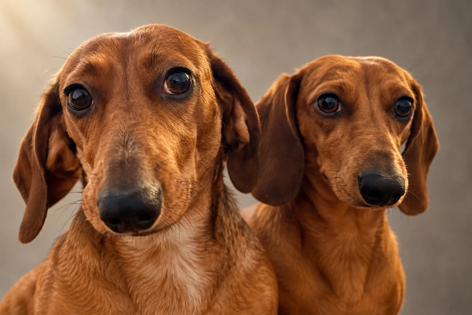 AI-created portrait of exactly two reddish-brown dachshunds against warm grey