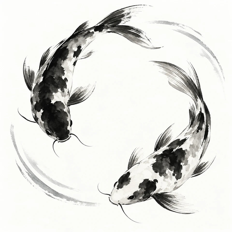 Two koi in ink - expressive ink illustration of two koi fish turning in opposite directions.