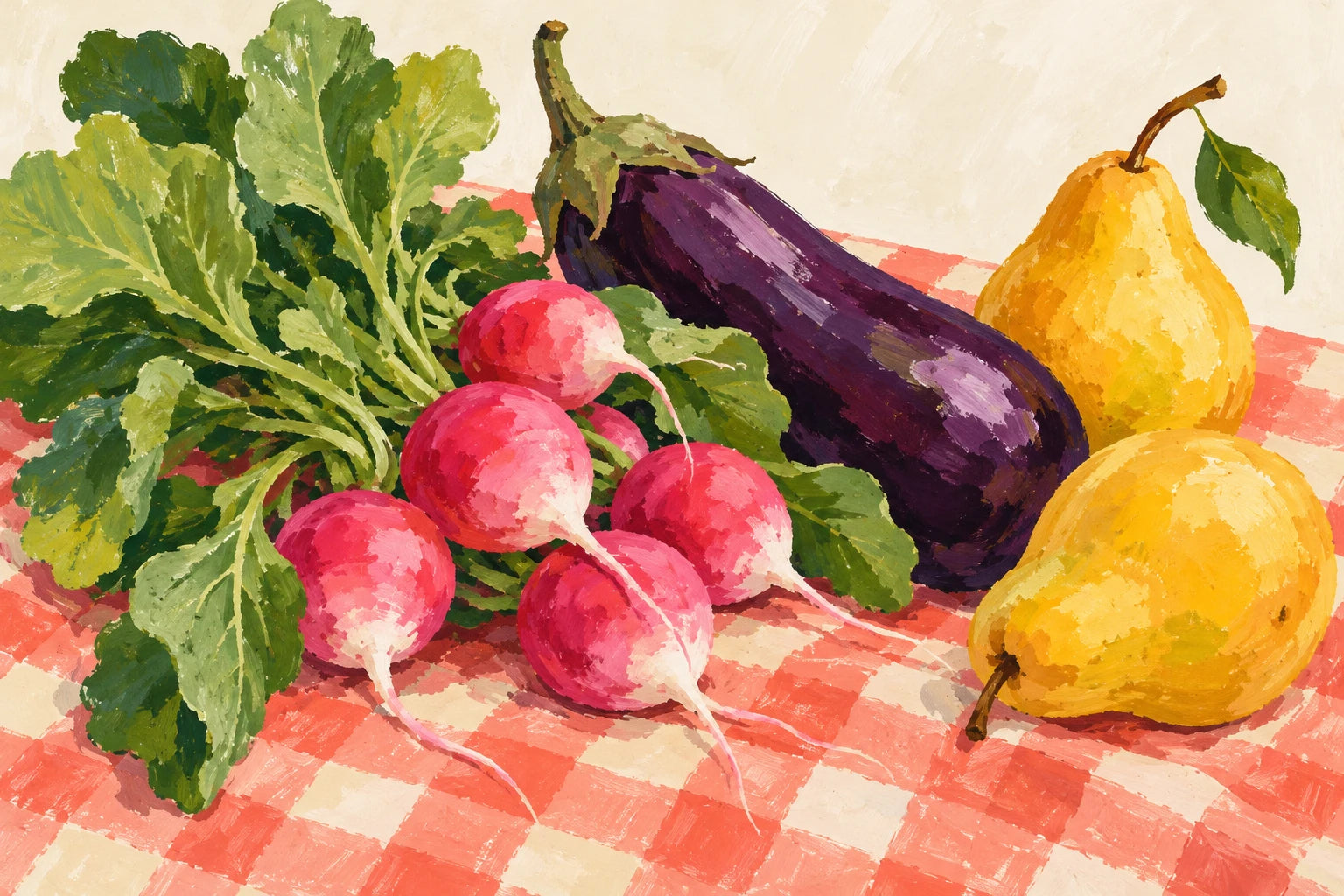 Market-day colour - naive gouache illustration of a bunch of pink radishes with leafy tops, one deep-purple aubergine and two golden pears on a loosely checked tablecloth.