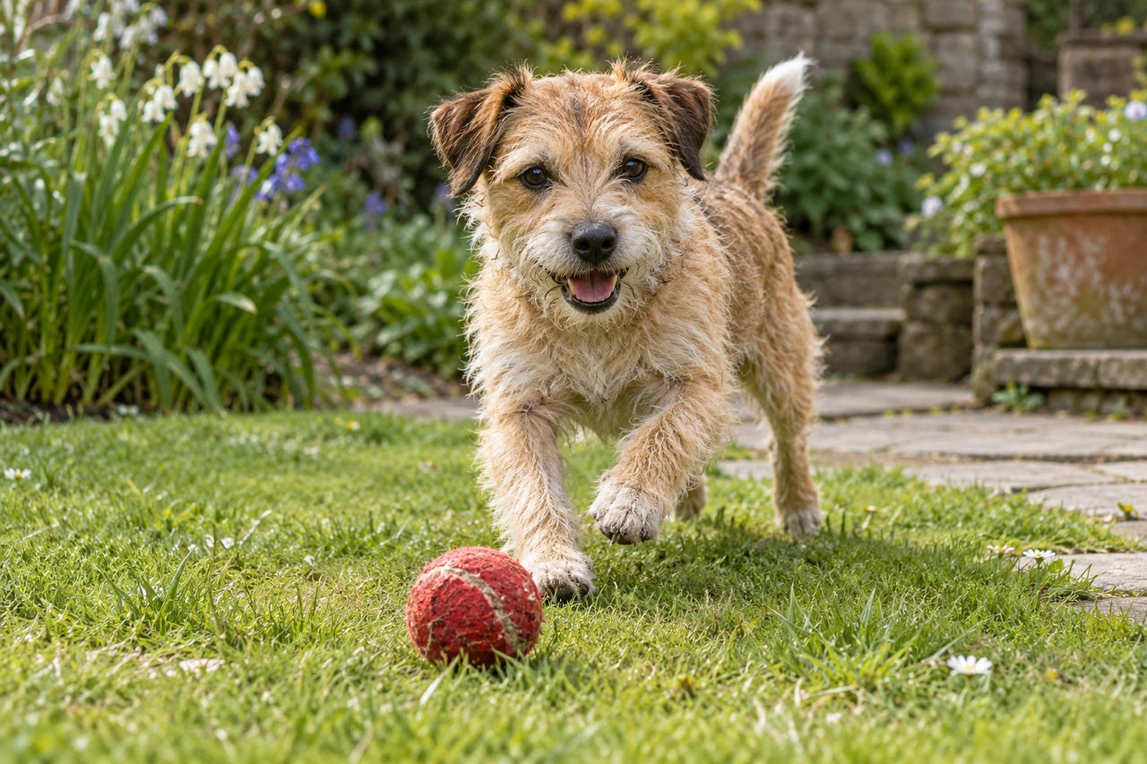 An imagined wire-haired terrier moving towards a red ball in a green garden, with its face and complete body visible.