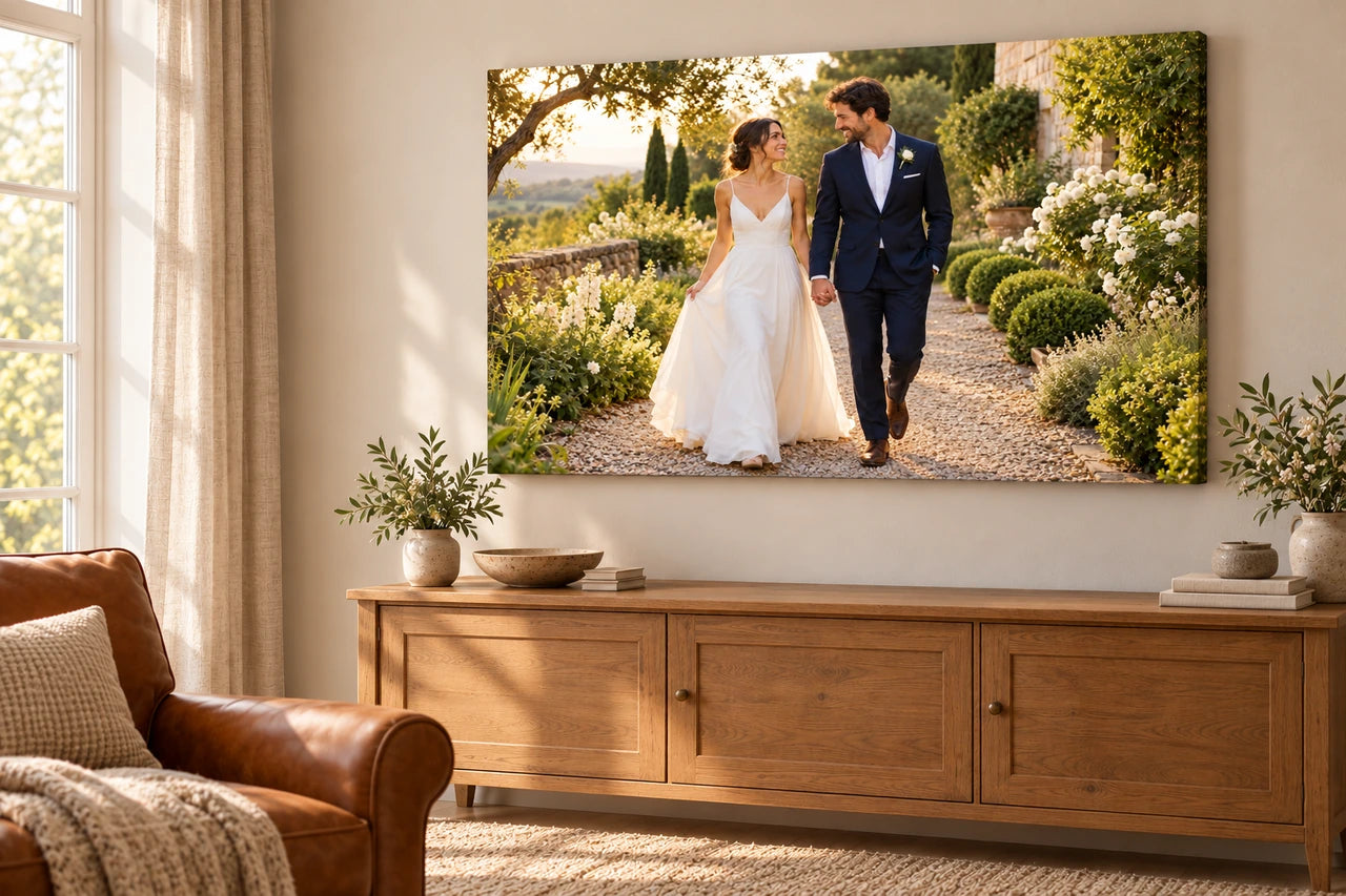 An imagined warm sitting room with a landscape canvas of the fictional wedding couple above an oak console.