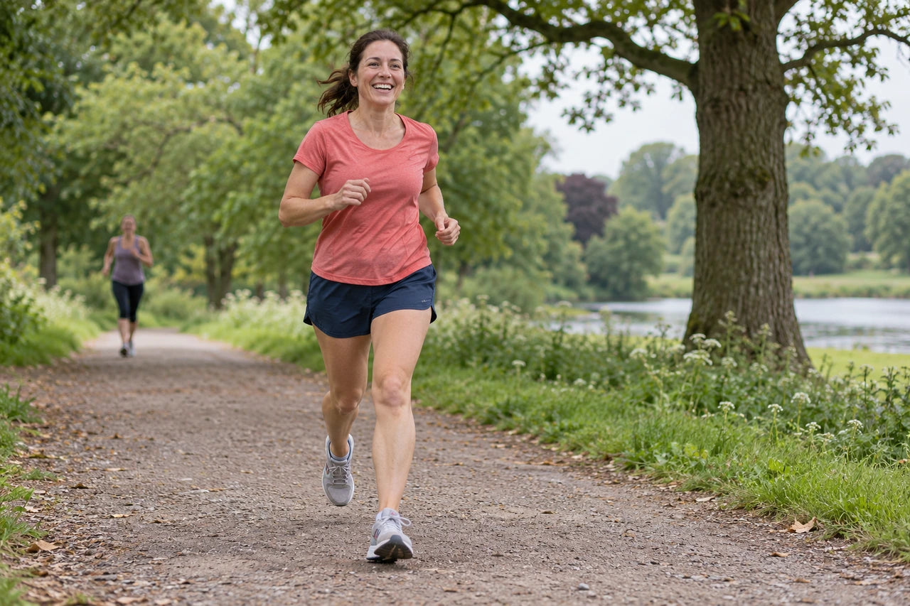 An imagined adult runner smiling on a quiet park path, with her whole body and both trainers visible.