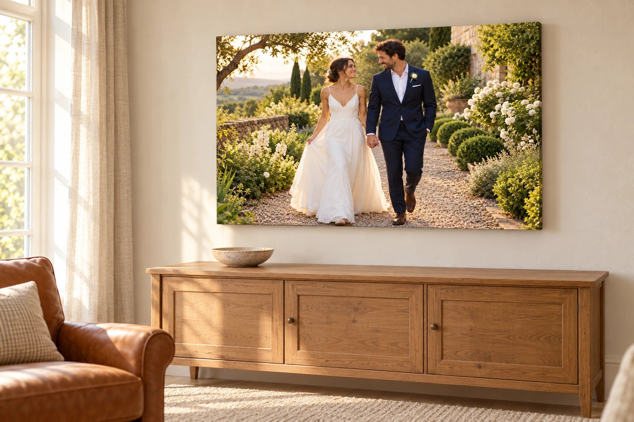 An imagined warm sitting room with the fictional wedding couple displayed on a landscape canvas above an oak console.