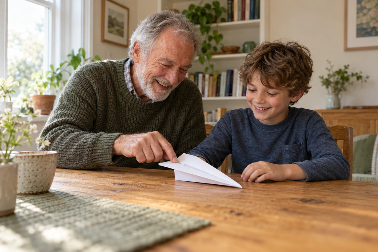An imagined grandfather and child smiling while making a white paper aeroplane at a wooden table.