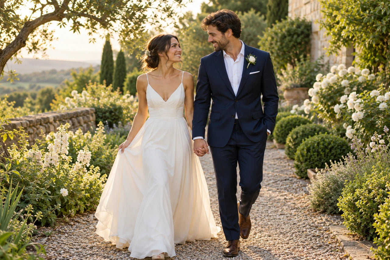 An imagined wedding couple smiling at each other while walking hand in hand along a garden path.