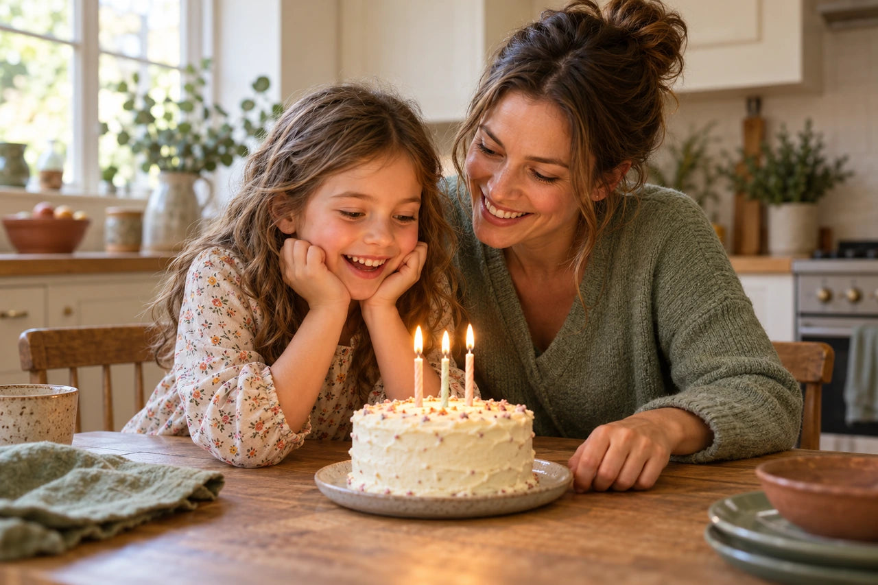 An imagined mother and child smiling together towards a small cake with three lit candles at a kitchen table.