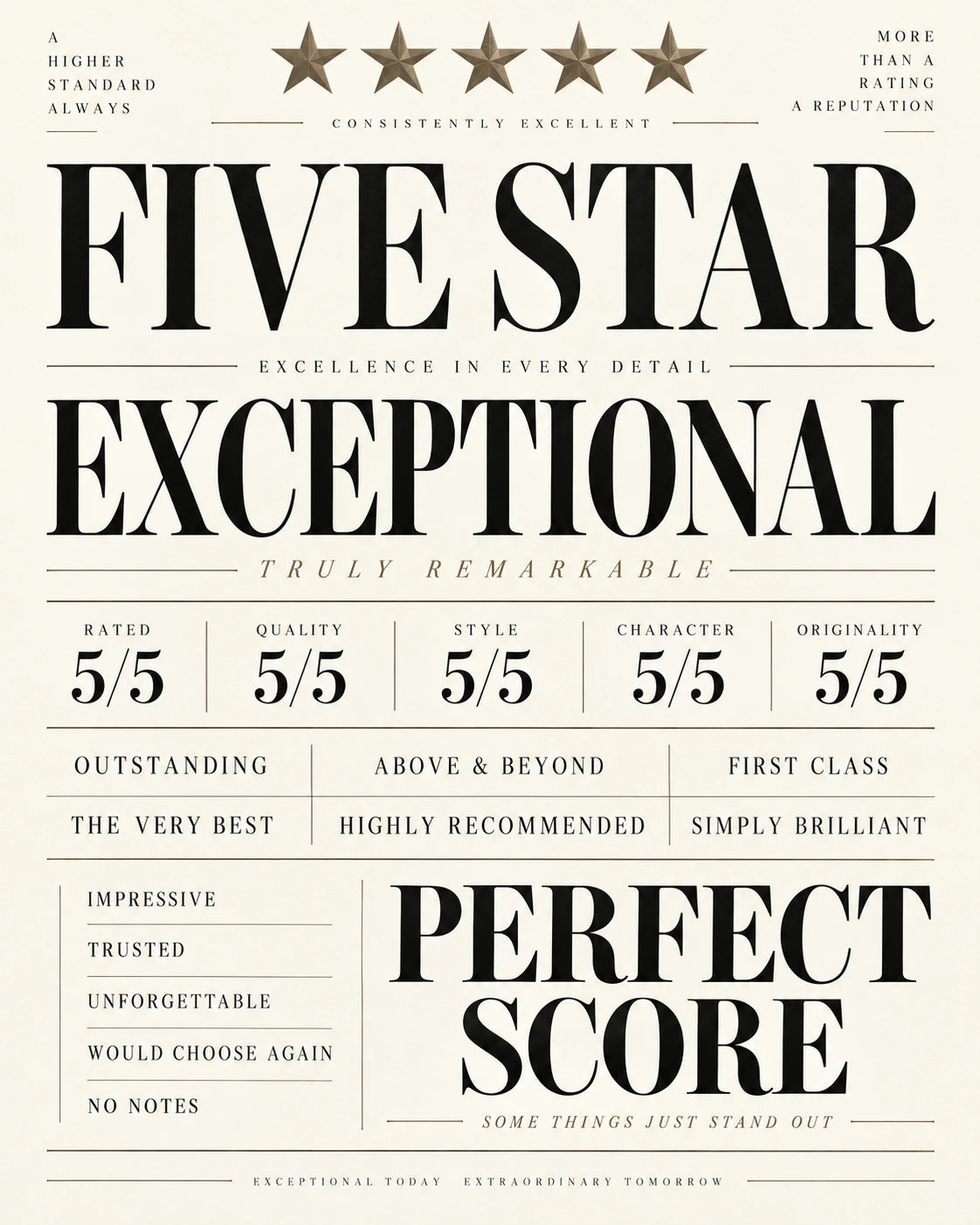 Decorative Five Star Exceptional Perfect Score typographic artwork