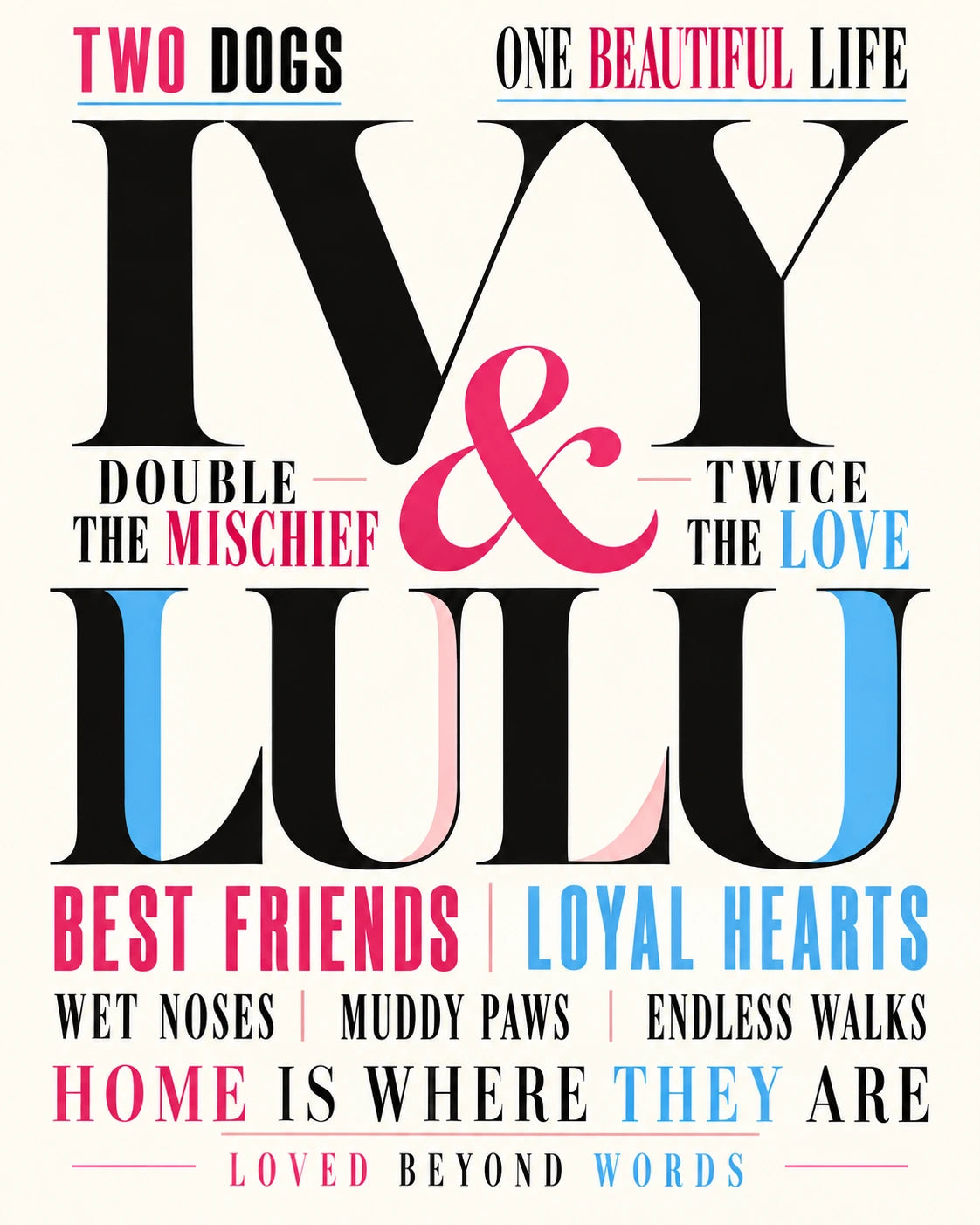 Personalised Ivy and Lulu Word Art with bold pink blue and black type