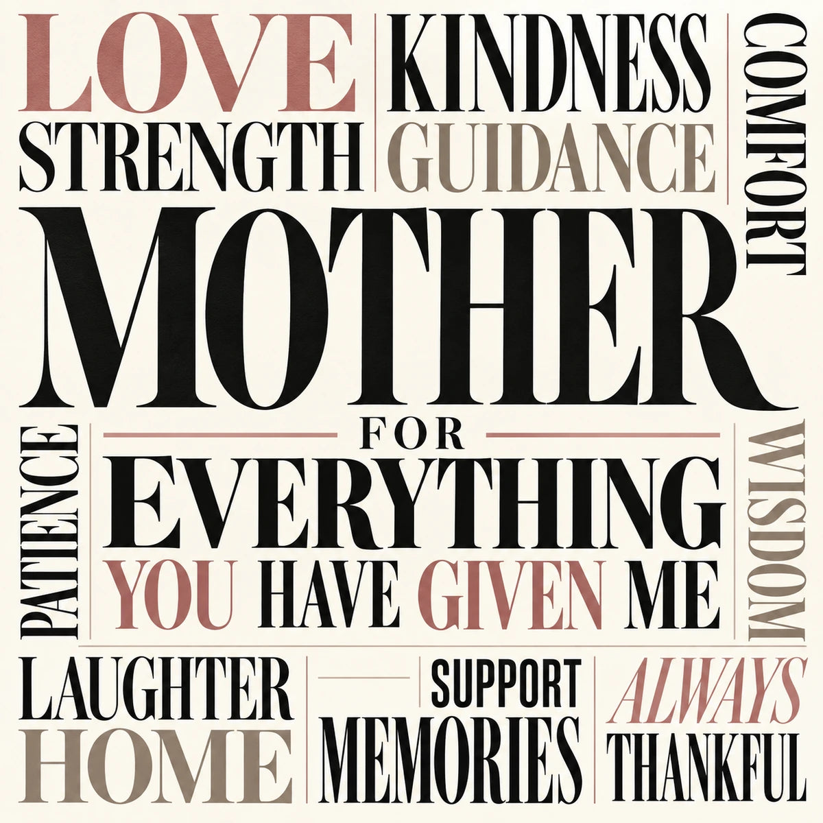 Mother tribute Word Art with varied word sizes and orientations