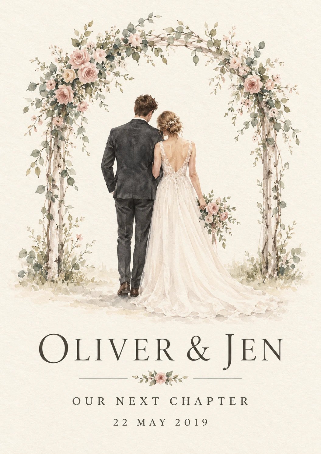 Watercolour-style wedding illustration with Oliver and Jen, Our Next Chapter and 22 May 2019 lettering