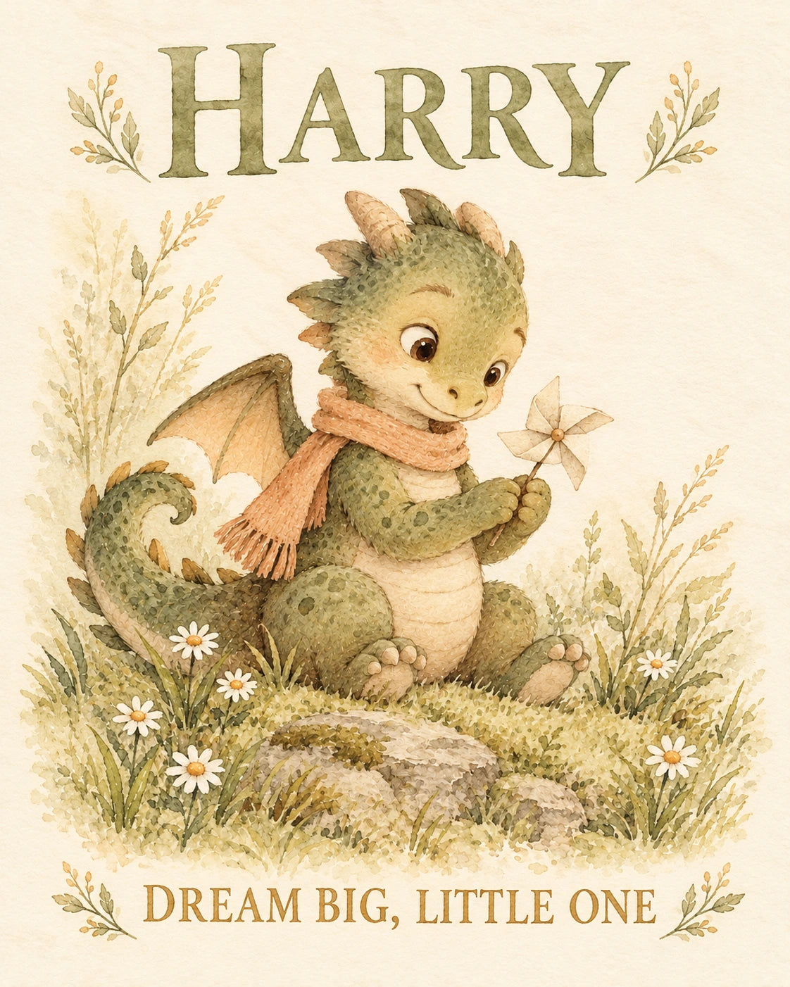Personalised dragon illustration with Harry and Dream Big Little One lettering
