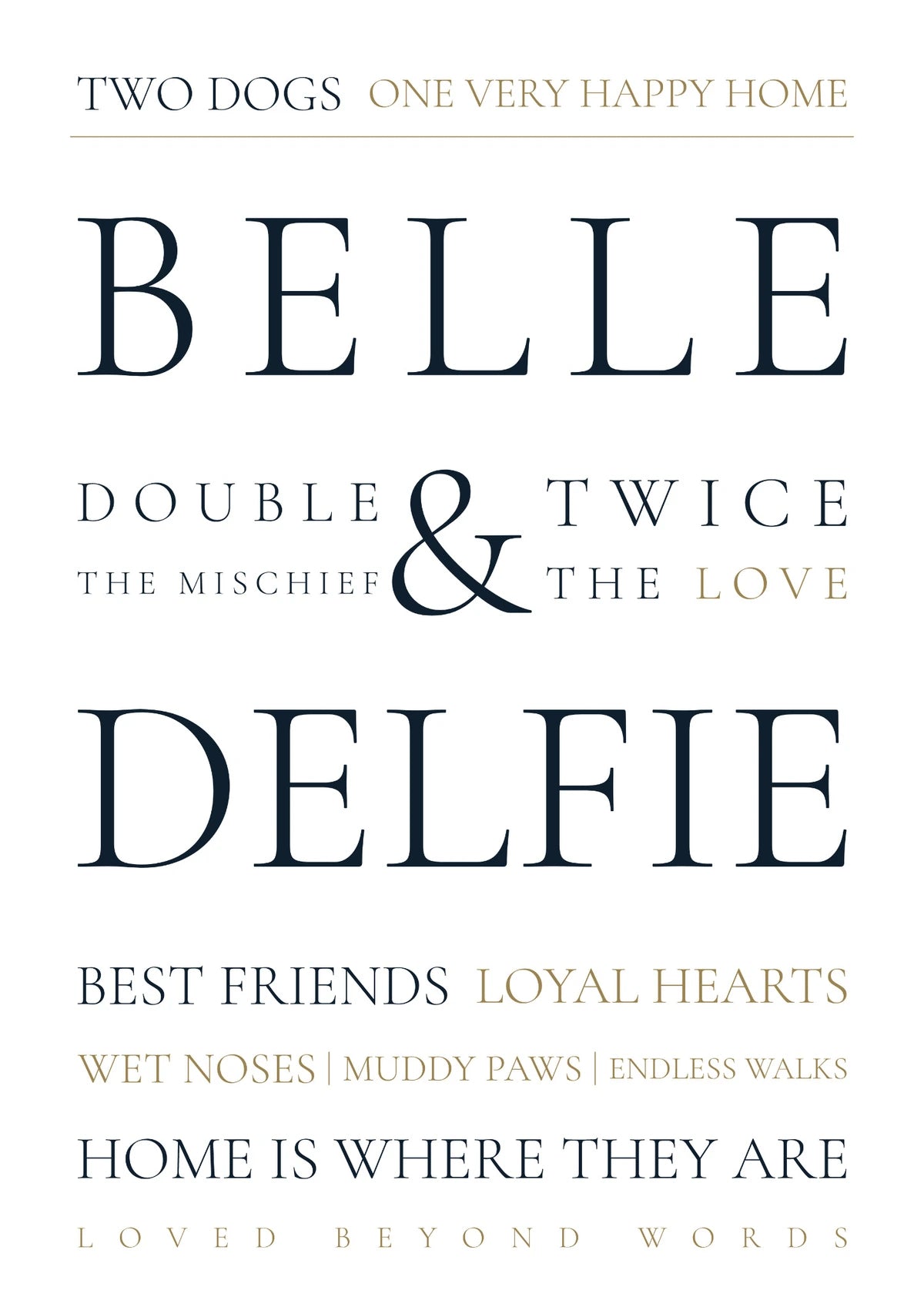App-created Word Art naming Belle and Delfie with dark lettering and restrained gold details