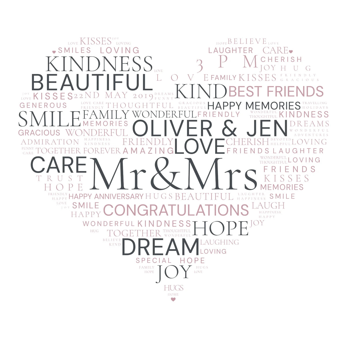 App-created wedding heart Word Art naming Oliver and Jen in pink and charcoal
