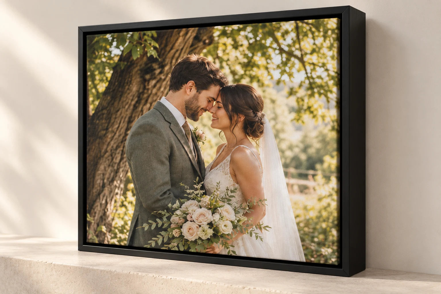 Illustration of a portrait wedding canvas in a black wood floating frame with an open canvas surface and shadow gap.