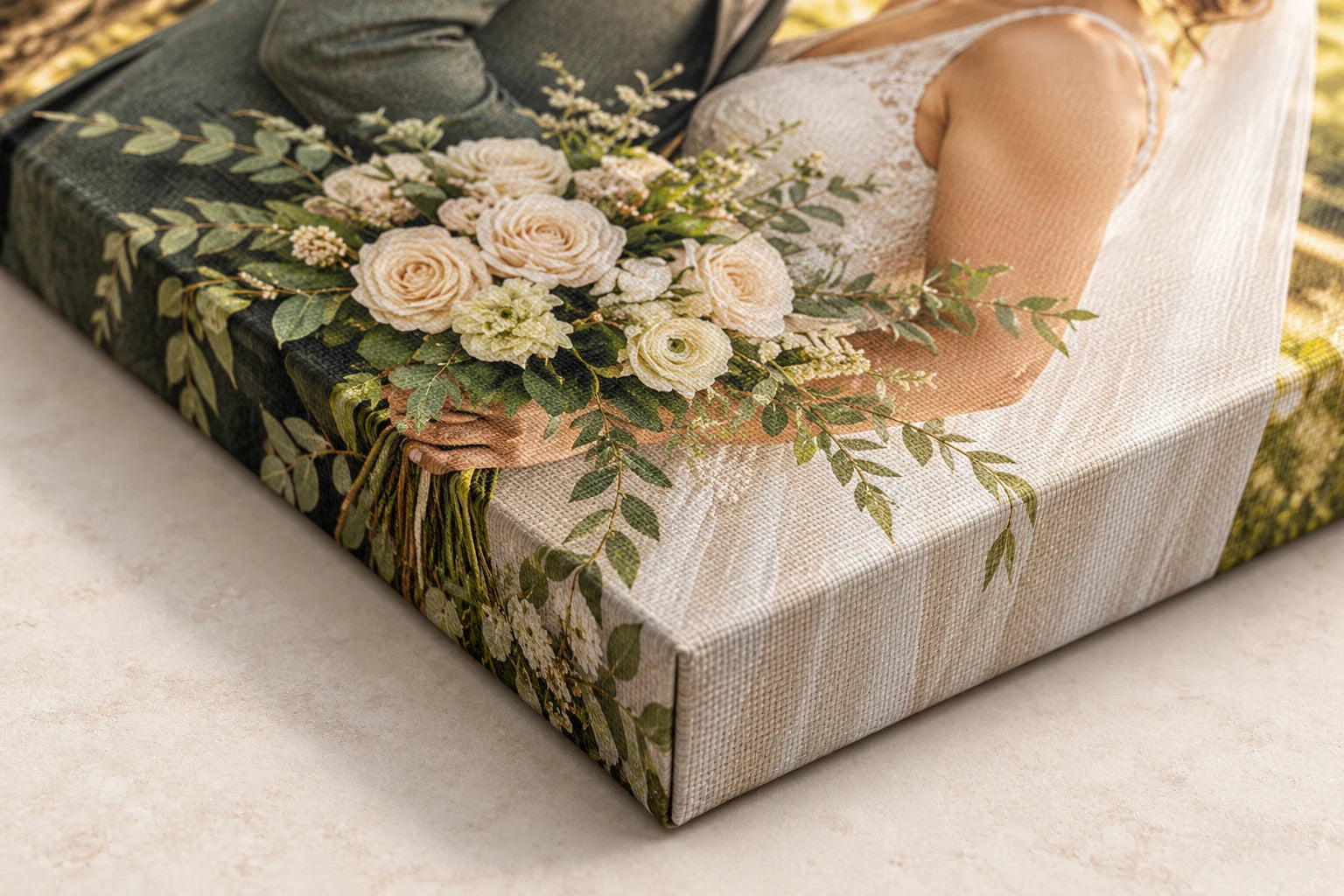 Illustrative close-up of a wedding photograph showing white roses, fine canvas weave and a neatly wrapped corner.