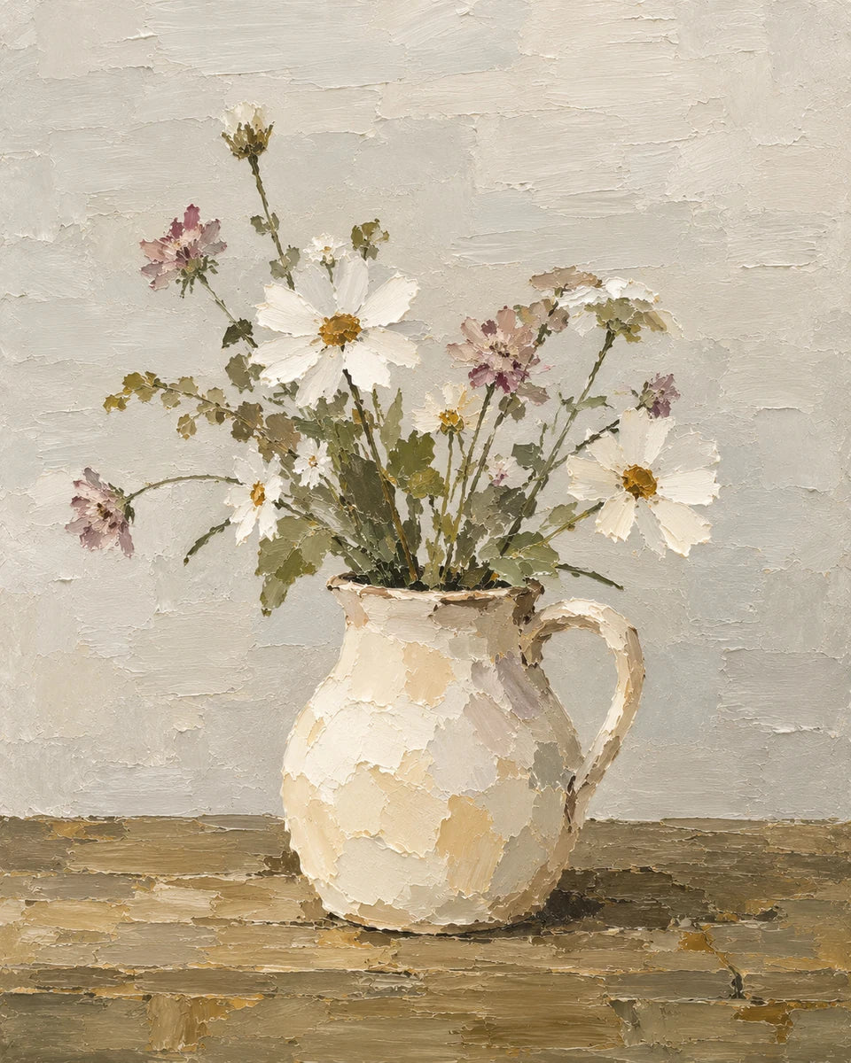 Wildflowers suggested with loose painted dabs in a cream ceramic jug