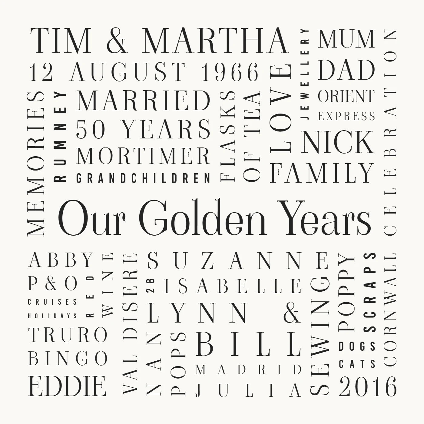 The Celebration: genuine Word Art creator example in Gallery White & Pewter.